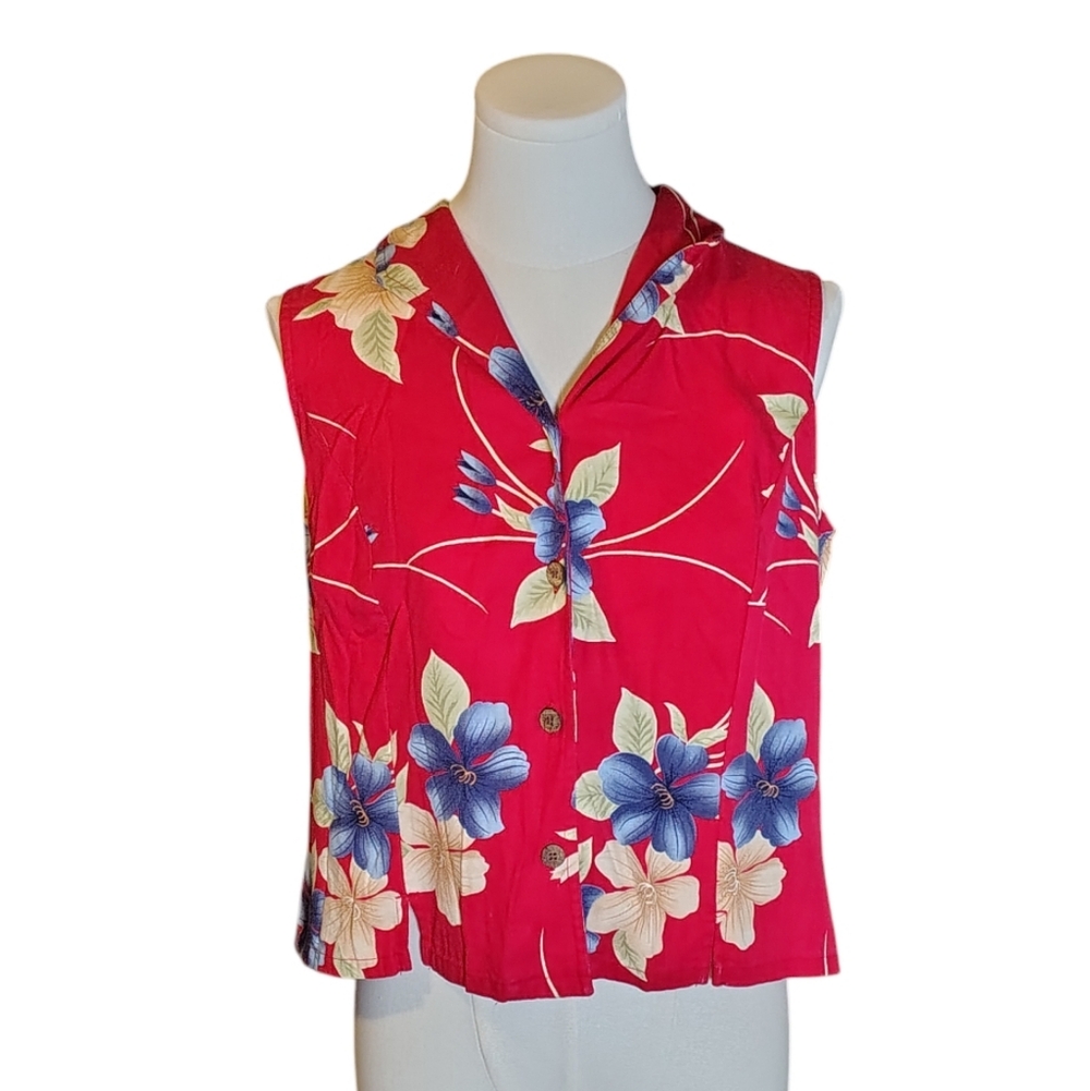 Havana Jack's Cafe Tropical Red, Blue Floral Sleeveless Blouse Size Medium